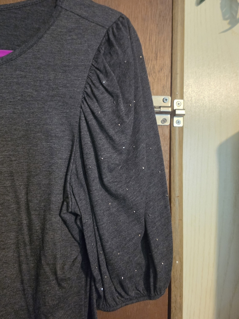 Stretch Knit Puff Glitter Sleeve Top - Dark Gray - Picture 2 of 5